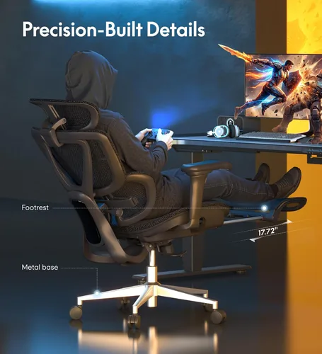 Miniatura 9 de FLEXISPOT Sentinel Silla ergonómica para juegos con reposabrazos 3D lumbares adaptables de doble ala de 120°, 3 posiciones, respaldo ajustable