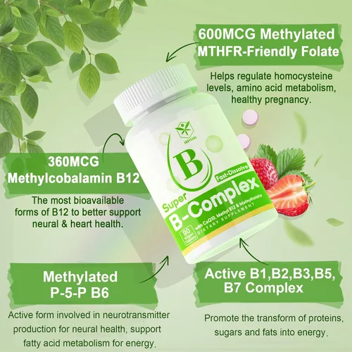 Miniatura 3 de Complejo de vitamina B sin azúcar con metil B12, metilfolato, B6, B1, B2, B3, suplemento de complejo B metilado de disolución rápida altamente
