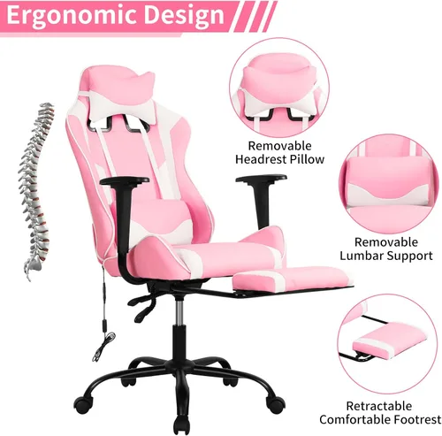 Miniatura 4 de BLKMTY Silla de masaje para juegos con reposapiés, silla ergonómica de oficina de carreras de piel sintética, con respaldo alto, soporte lumbar