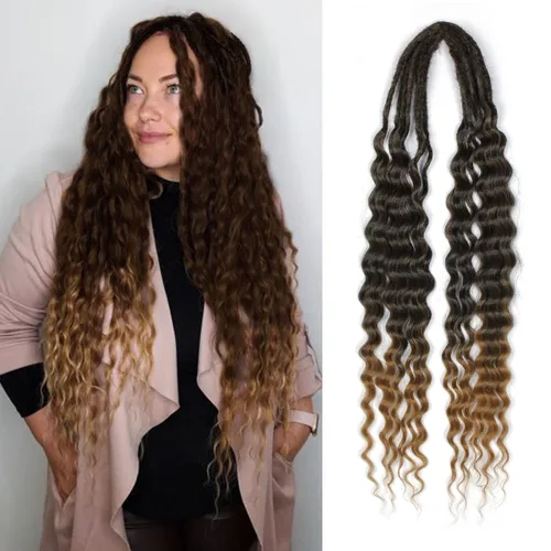 Miniatura 44 de Extensiones de rastas trenzadas bohemias de 24 pulgadas, 10 hebras de rastas sintéticas rizadas color marrón degradado con trenza de caja, rastas