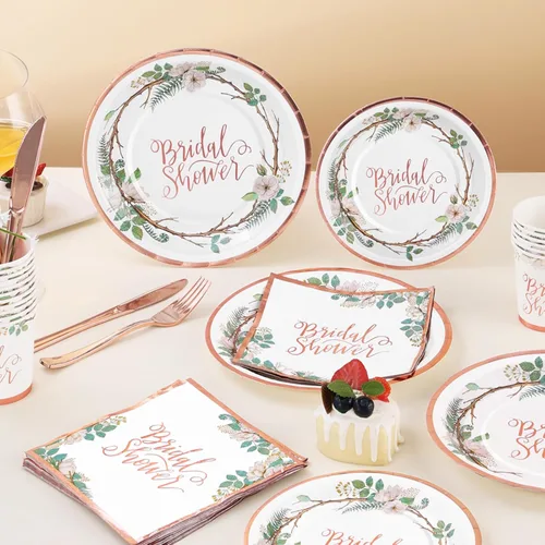 Miniatura 6 de Decoraciones de Ducha Nupcial en Oro Rosa, 168 Piezas de Platos y Servilletas para Despedida de Soltera, Platos de Papel Florales para 24, El Amor