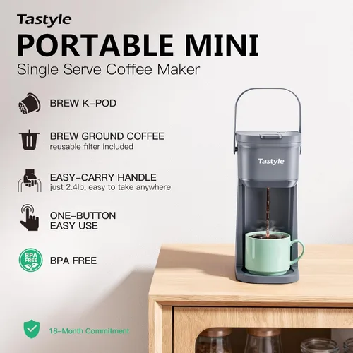Miniatura 2 de Tastyle Cafetera de Una Sola Porción para Una Taza, para Cápsulas K y Café Molido, Mini Cafetera con Asa Portátil, Tamaño de Preparación de 6 a 12