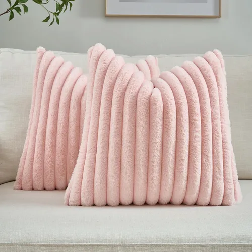 Miniatura 32 de FUTEI - Juego de 2 fundas de almohada decorativas con rayas, cuadradas, para invierno, piel sintética de conejo suave y acogedora y respaldo
