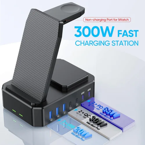 Miniatura 4 de Estación de carga de 300W para múltiples dispositivos Apple, cargador inalámbrico 10 en 1 para iPhone, soporte de carga rápida PD 65W USB C GaN III