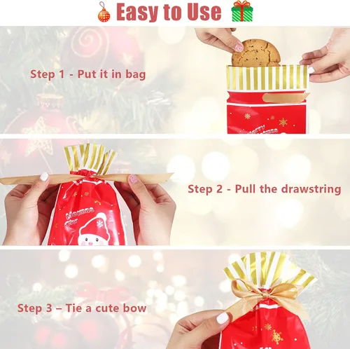 Miniatura 4 de Heniho 60 bolsas de golosinas de Navidad, 4 x 6 pulgadas con cordón, bolsas de galletas para dulces, regalos de fiesta