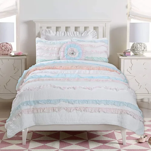 Miniatura 7 de Cozy Line Home Fashions Juego de ropa de cama acolchado reversible de niña con volantes rosa claro y azul de 100% algodón, colcha, cubrecama