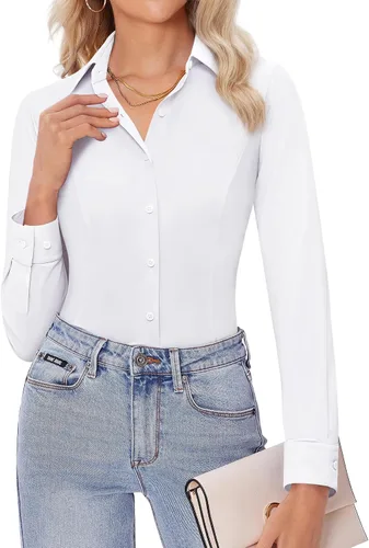 Miniatura 13 de Siliteelon - Camisas de vestir para mujer, manga larga, ajustadas, con botones, elásticas, sin arrugas, con cuello, para negocios, casual, blusa