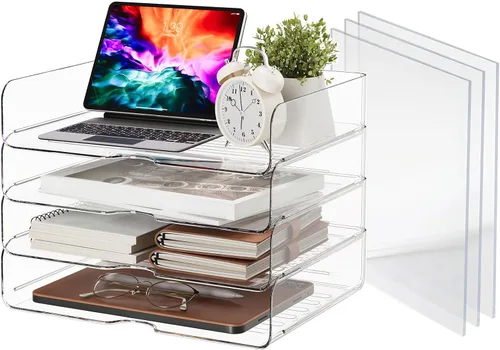 Miniatura 8 de DCA Organizador de escritorio transparente de 4 niveles, bandeja de papel apilable, soporte de archivo acrílico, organizador de papel para oficina