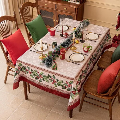 Miniatura 3 de Softalker Mantel Cuadrado de Jacquard Navideño, Mantel Impermeable Vintage de Invierno con Acebo, Cubierta de Mesa de Tela Estilo Granja Navideña