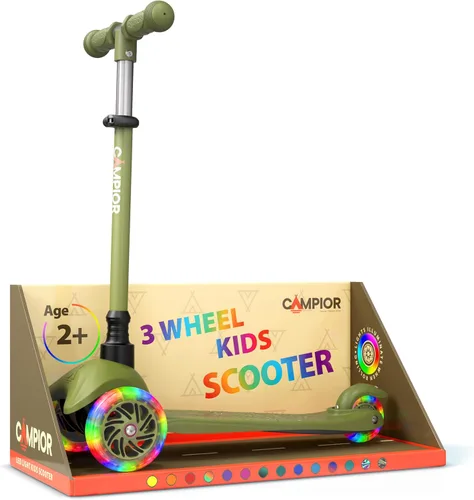 Miniatura 22 de Mini scooter naranja de 3 ruedas para niños, dirección por inclinación con ruedas LED iluminadas, manubrio ajustable, cubierta ancha antideslizante