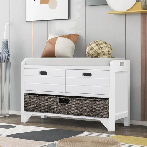 Miniatura 11 de SOFTSEA Banco de Almacenamiento Tapizado, Otomana de Almacenamiento con Cesta Removible y 2 Cajones, Banco de Zapatos de Estilo Granja con Cojín