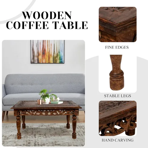 Miniatura 4 de Mesa de café rectangular de madera con talla Jali, mesa de café estilo granja, mesa rústica central, estilo de mediados de siglo, muebles rústicos