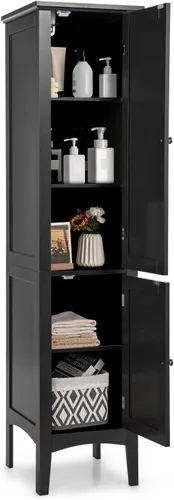 COSTWAY Armario Alto de Almacenamiento para Baño, Gabinete de Torre de Lino Independiente de 5 Niveles con 2 Puertas, Organizador de Almacenamiento