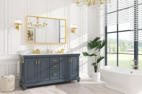 Miniatura 2 de Keonjinn Espejo de baño dorado de 48 x 30 pulgadas, espejo de pared de baño con borde dorado grande cepillado para sobre el fregadero, espejos