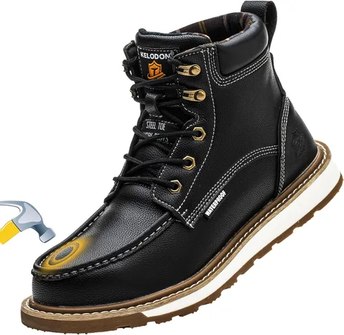 Miniatura 8 de KELODON Botas de trabajo impermeables con punta de acero para hombre, botas de trabajo de cuero de 6 pulgadas para hombre, zapatos de punta de acero