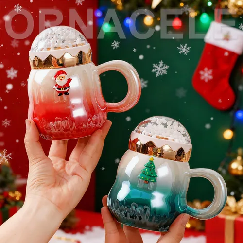 Miniatura 7 de Taza de Navidad, lindas tazas de té de cerámica con tapa de Santa, taza novedosa para leche, café, chocolate caliente, regalo de Navidad
