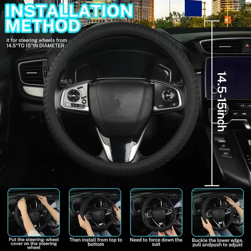 Miniatura 6 de Cubierta de volante de cuero para hombres, con patrón tejido negro, accesorios para auto, antideslizante, segura, suave, transpirable, adaptable a