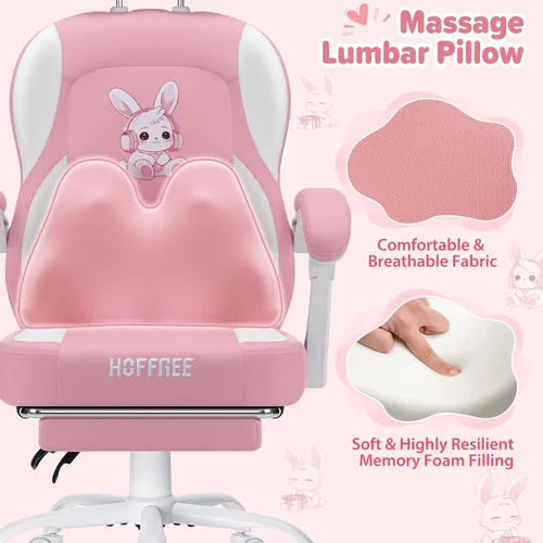 Miniatura 4 de HOFFREE Silla de juegos para computadora para niñas con lindo conejo, almohada lumbar de masaje, silla de oficina rosa para escritorio