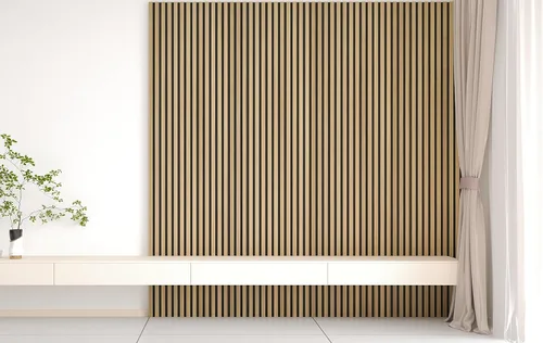 Miniatura 7 de Paquete de 2 paneles acústicos de pared de madera de 94 x 12.6 pulgadas, listones 3D insonorizados para paredes y techos, elegantes paneles Nogal