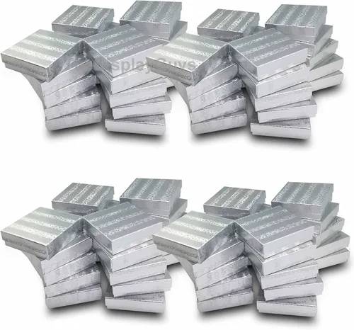 Miniatura 6 de TheDisplayGuys - Paquete de 100 cajas de cartón rellenas de algodón #33 para joyas, papel de aluminio plateado (3.5 x 3.5 x 1.0 pulgadas)