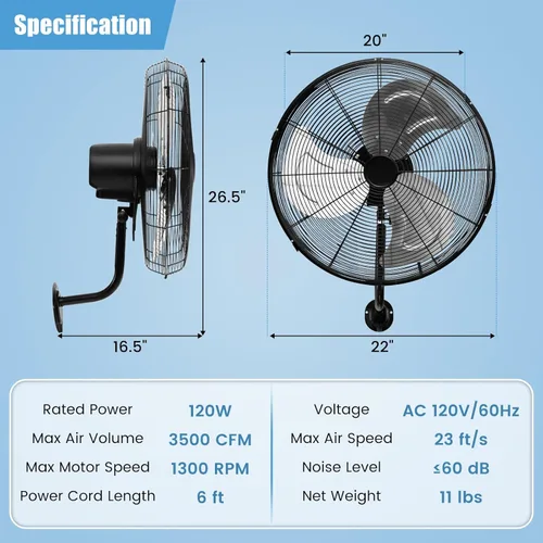 Miniatura 4 de Tangkula Ventilador de pared de 20 pulgadas con aspas de aluminio, ventilador de pared de metal oscilante industrial de 3 velocidades, resistente