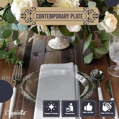 Miniatura 3 de Exquisite Platos de plástico victorianos, juego de 60 piezas desechables para 60 invitados, platos de postre transparentes resistentes de 60 x 7.5