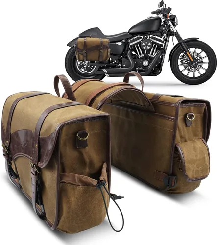 Miniatura 10 de NICECNC Bolsas de sillín para motocicleta, alforjas vintage de lona encerada en aceite, bolsas laterales de gran capacidad compatibles con Harley