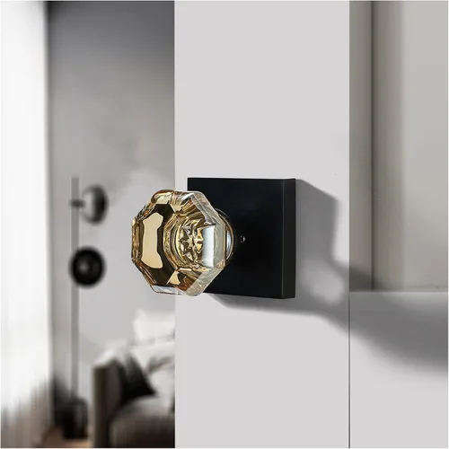 Miniatura 3 de Picaporte de vidrio dorado champagne para puerta de pasaje – Manija interior de cristal sin bloqueo con roseta cuadrada negra mate – Estilo elegante
