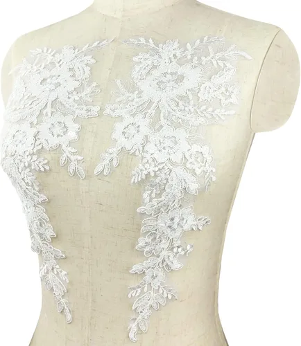 1 par de apliques de encaje con bordado de flores de lentejuelas, parches para coser para boda, vestido de novia, vestido de fiesta, ropa, corpiño y