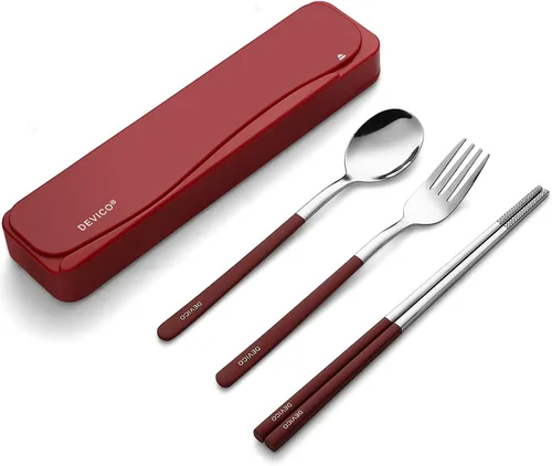 DEVICO Utensilios de viaje, juego de cubiertos de acero inoxidable 18/8, 4 piezas, juego portátil y reutilizable para camping, incluye tenedor, Rojo