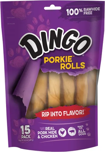 Dingo Porkie Rolls 15 unidades, masticables de piel de cerdo para perros, hechos con pollo real