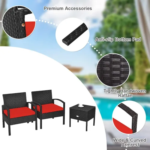 Miniatura 4 de RELAX4LIFE Juego de 2 sillas de patio con mesa auxiliar, juego de 3 sillas de porche con cojines extraíbles y mesa de cristal, sillas de mimbre