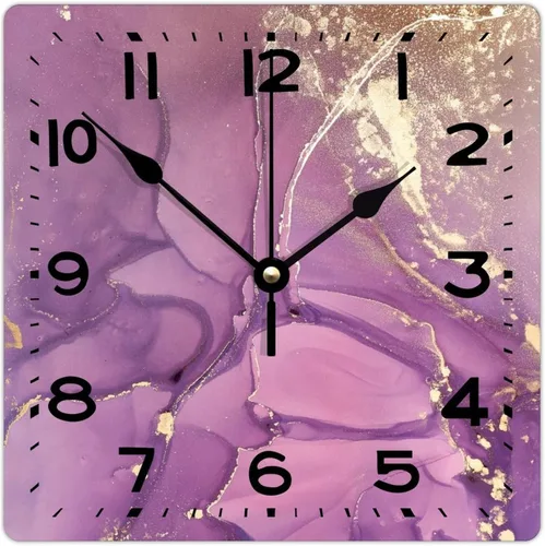 Reloj de pared de madera púrpura y dorado con textura de purpurina de 15 pulgadas, reloj de pared de madera cuadrado clásico con números grandes,