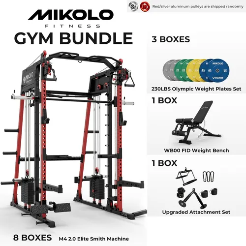 Miniatura 2 de Máquina de Smith Mikolo, banco de sentadillas de 2200lbs con sistema de tracción LAT y máquina de cruce de cables, equipo de entrenamiento con Rojo