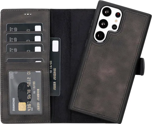 Miniatura 16 de HARDISTON Funda de piel compatible con Samsung Galaxy S22 Ultra – Funda magnética fuerte desmontable hecha a mano con tarjeteros y soporte, Negro