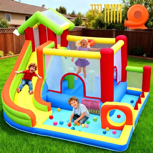 Miniatura 8 de Casa de rebote, castillo inflable con soplador para niños en interiores y exteriores, castillo de salto inflable con pozo de bolas, tobogán, pared