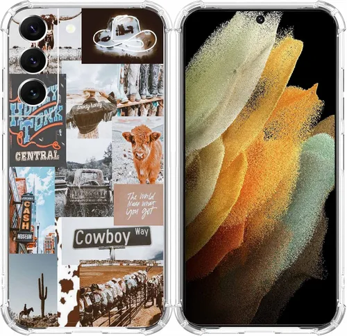 Funda de vaquero para Galaxy S22, retro Western Country Cowgirl Life Art Collage, funda de TPU suave de moda compatible con Samsung Galaxy S22