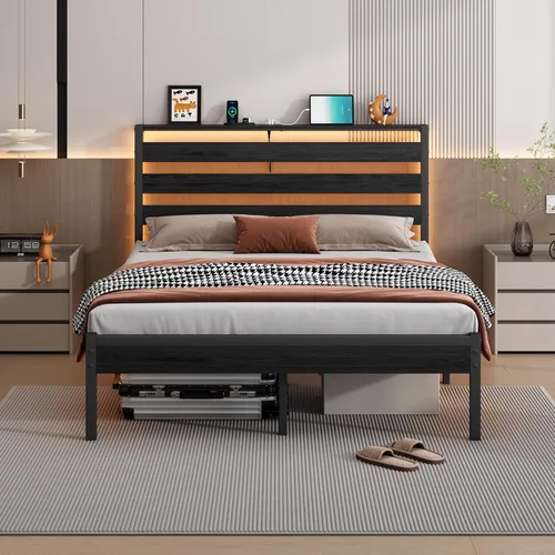 Miniatura 9 de CLIBFENG Base de cama tamaño individual con estación de carga USB, marco de cama LED con cabecera de almacenamiento de madera, cama de plataforma