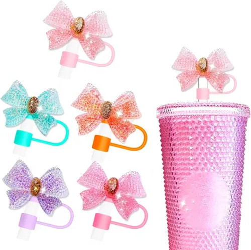 Paquete de 5 toppers de pajitas con lazos brillantes de 10 mm, lindos, para Stanley y Simple Modern (lazos brillantes)