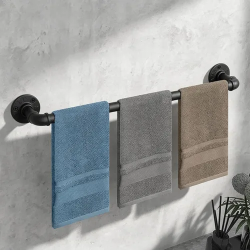 Miniatura 5 de Toallero Industrial de Tubo de Hierro, Barra de Toallas, Soporte de Toallas de Baño Rústico de Granja para Pared, Montaje en Pared, Resistente Negro