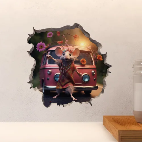 Miniatura 4 de Pegatina de pared 3D con agujero de ratón de niña hippie boho