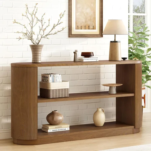 Miniatura 28 de 50" Modern Art Sculptural Console Table, Oval Cutout Legs, Wood Veneer, Thick Rounded Tabletop, Contemporary Entryway Sofa Table for Living Room