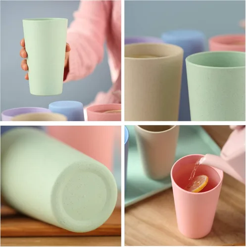 Miniatura 4 de Vasos reutilizables irrompibles ecológicos para adultos (20 onzas), juego de 5 vasos de paja de trigo, aptos para lavavajillas.