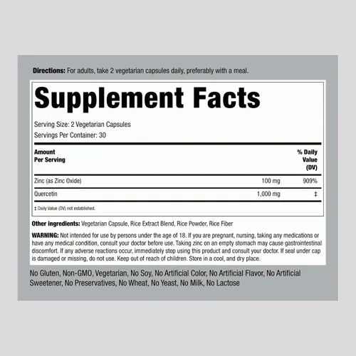 Miniatura 2 de Piping Rock Quercetina Zinc Complex 1100 mg 60 Cápsulas Flavonoide potente Suplemento sin OMG, sin gluten