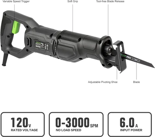 Miniatura 2 de GALAX PRO Sierra recíproca de 120 V, sierra recíproca con cable de velocidad variable de 6.0 amperios con longitud de carrera de 1-1/8 pulgadas