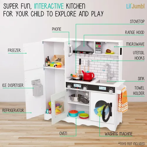 Miniatura 2 de Lil' Jumbl Juego de cocina para niños, cocina de madera de simulación, máquina de hielo a pilas, microondas, campana extractora, estufa, horno