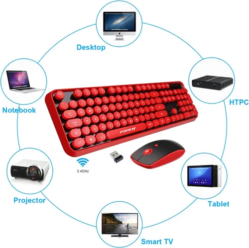 Miniatura 2 de FOPETT V2020 Combo de teclado y mouse inalámbricos, bonito teclado inalámbrico con llave roja redonda estilo retro, conectividad CapSecure de 2.4