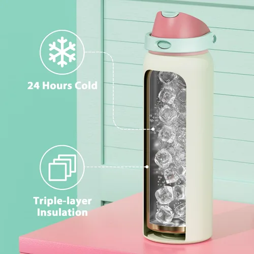 Miniatura 5 de Botella de agua aislada de 40 onzas con popote, botella de agua de metal de acero inoxidable con tapa 2 en 1, a prueba de fugas, fría durante 24