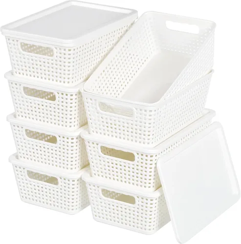 Miniatura 10 de Cestas de almacenamiento de plástico con tapa, contenedores de almacenamiento para organizar, contenedores decorativos apilables para estantes, Negro