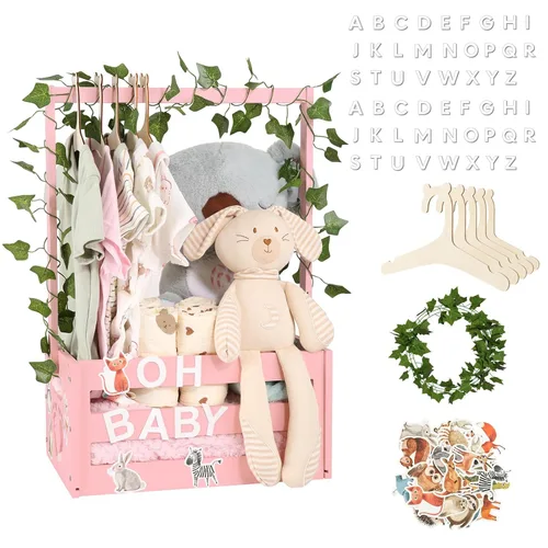 Miniatura 11 de Cesta de regalo para baby shower, caja de madera, letras de madera personalizadas y perchas para ropa recién nacido, regalos para bebés, niñas